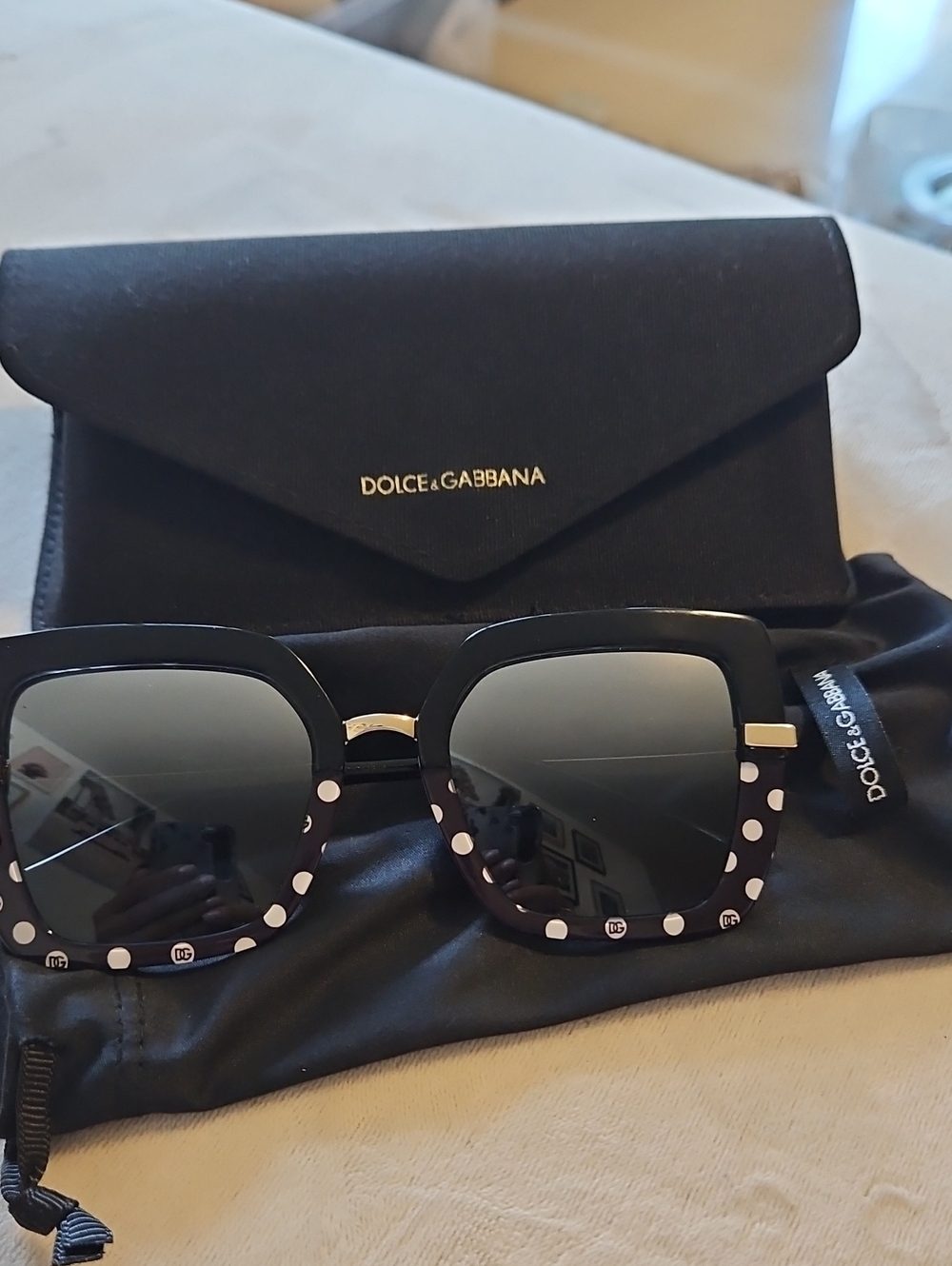 Dolce & Gabbana Vintage Black Polka Dot Square Sunglasses with Gold Accents